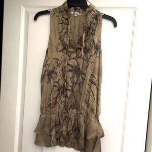 Olive Green Sleeveless Blouse Ruffle Collar M